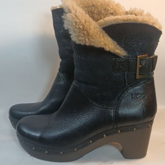 UGG Amoret Black Leather Shearling Clog Boots Size 8 - Picture 12 of 12